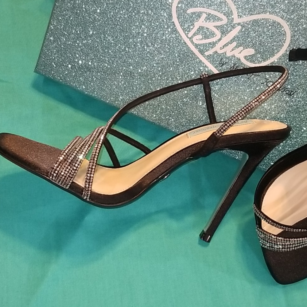 Betsey Johnson Blue Jessa Brown Satin Rhinestone Stiletto Sandals Square Toe 7.5 - Picture 3 of 12